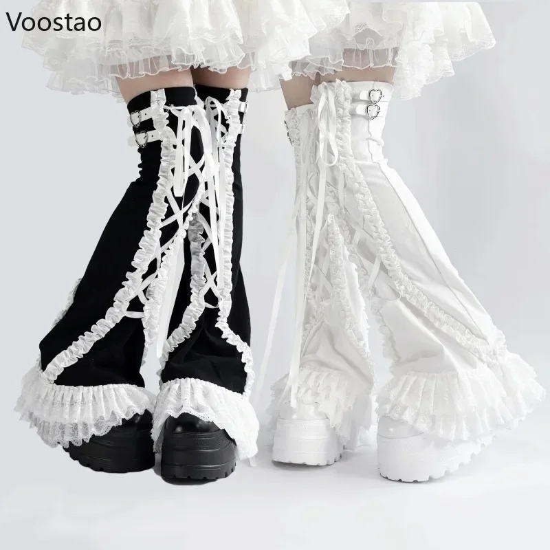 Japanese Gothic Lace Patchwork Lolita Flare Leg Warmers Socks Women Grunge Punk Bandage Knee High Boots Cover Y2k Girl Stockings