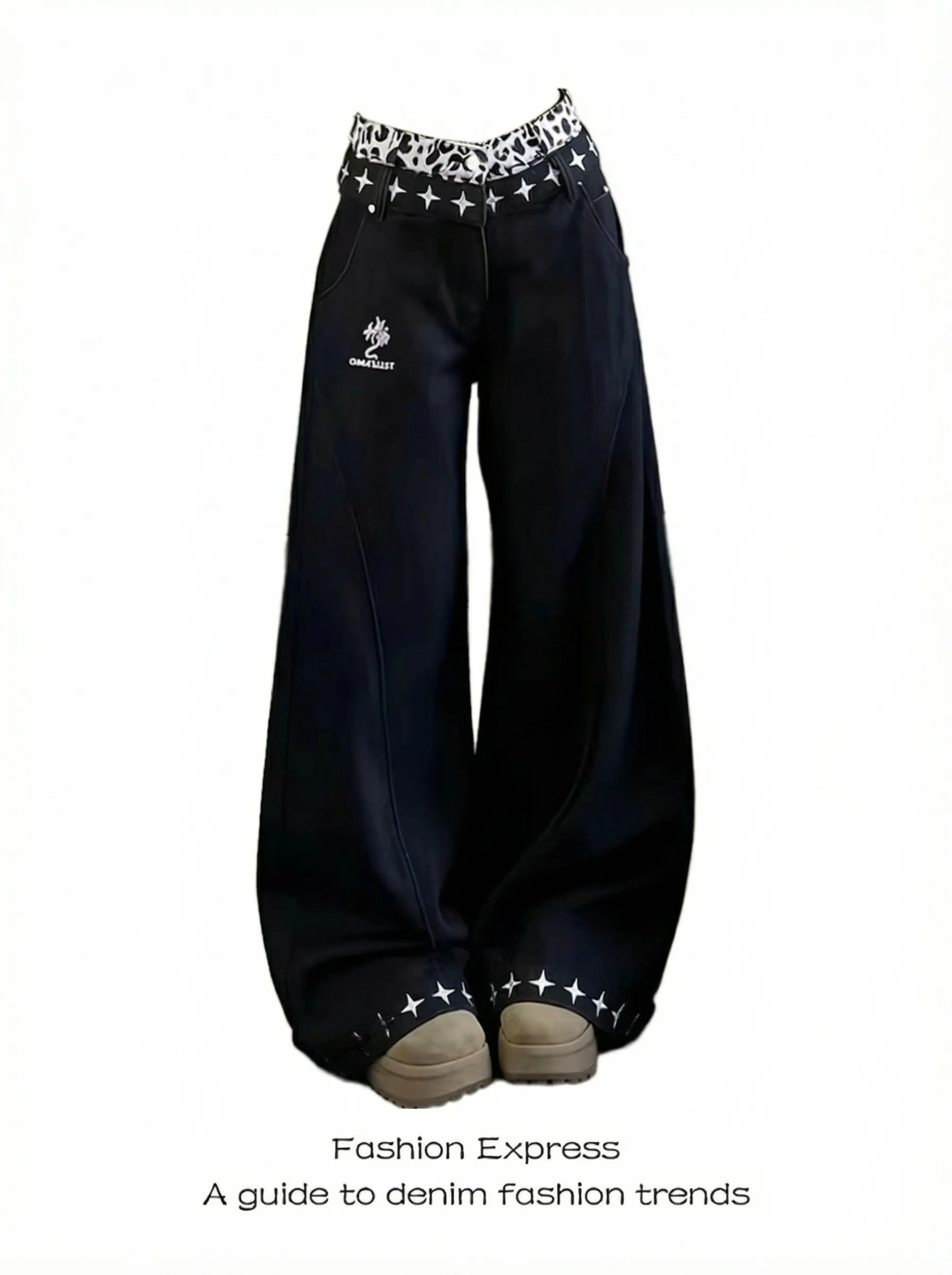 

k Leopard Print Wide Leg Denim Jeans Women's New Sle Double Waist Head Star Pants High Waist Wide Leg Knife Jeans