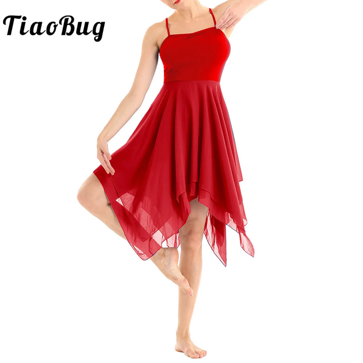 Womens Adult Ballet Tutu Dance Dress Spaghetti Strap Asymmetrical Chiffon Contemporary Dance Dress Lyrical Dance Costumes