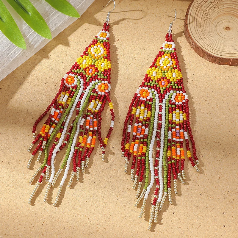 Colorful Rice Beads Earrings For Women Retro Boho Tassels Water Drop Earrings Long Exaggerated Ethnic Style Earrings Jewelry