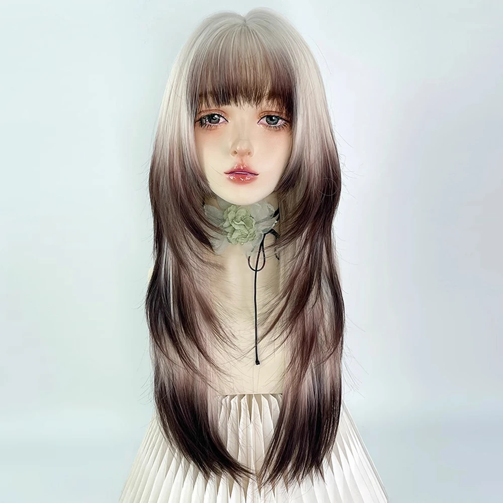 วิกผมยาวตรงสีน้ำตาลผสมสีบลอนด์สำหรับผู้หญิง วิกผมสังเคราะห์สำหรับคอสเพลย์สไตล์โลลิต้า พร้อมหน้าม้า ทนความร้อน เหมาะสำหรับใช้ในชีวิตประจำวัน