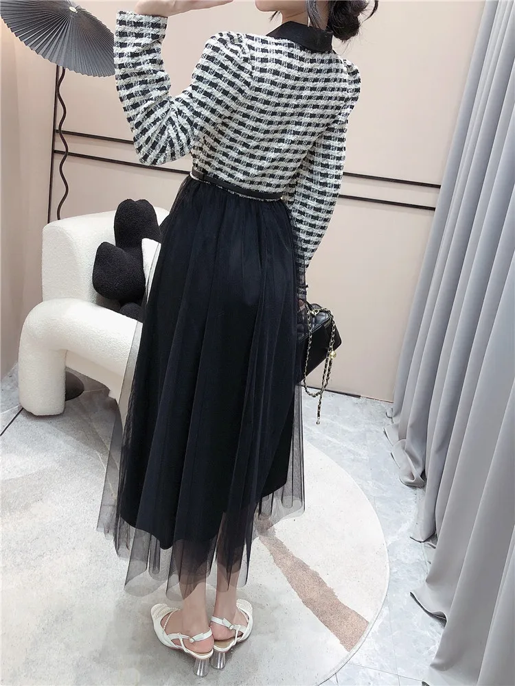 Autumn Women Mid-length Elegant Tweed Mesh Patchwork Fake Two Dress Temperament Plaid Shirt Collar Belt Long Dress Robes