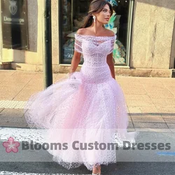 Customized Fairytale Pink Evening Dresses Tulle Dotted Long Prom Dresses Formal Occasion Ankle Length Boat Neck Birthday Party