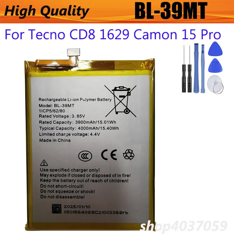 

High Quality 4000mAh Battery For Tecno CD8 1629 Camon 15 Pro Mobile Phone BL-39MT Built-in Battery New Battery Bateria + Tools