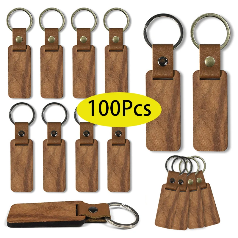 

100Pcs PU Leather Keychain Rectangular Small Gift Creative DIY Mahogany Keychain