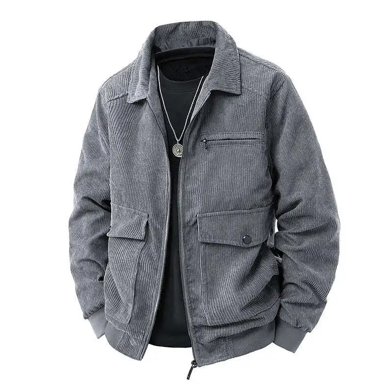 Men's Corduroy Lapel Jacket Autumn Solid Color Turn-Down Collar Button Down Lightweight Jackets Coats With Multi Pockets