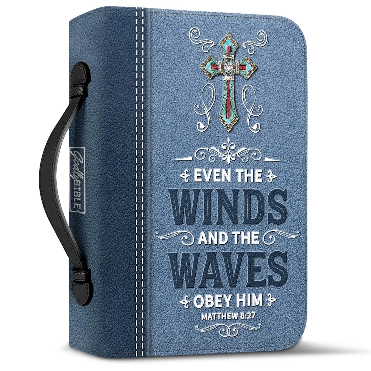 Women\'s Personalized Bible Cover Cross Bible Verse Blue Print Female Book Holy Storage Boxes PU Leather Christian Bags Study Box