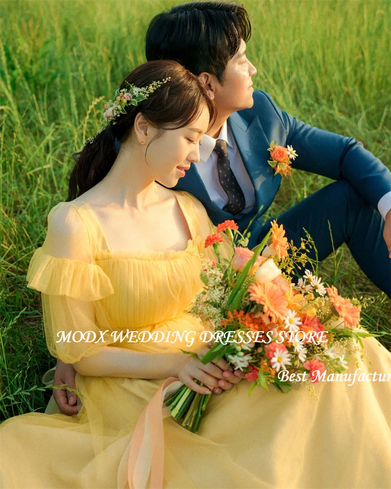 MODX Yellow Elegant Tulle Wedding Dresses Korea Photo shoot Off-Shoulder Floor Length Garden Bridal Gowns Corset Back Evening