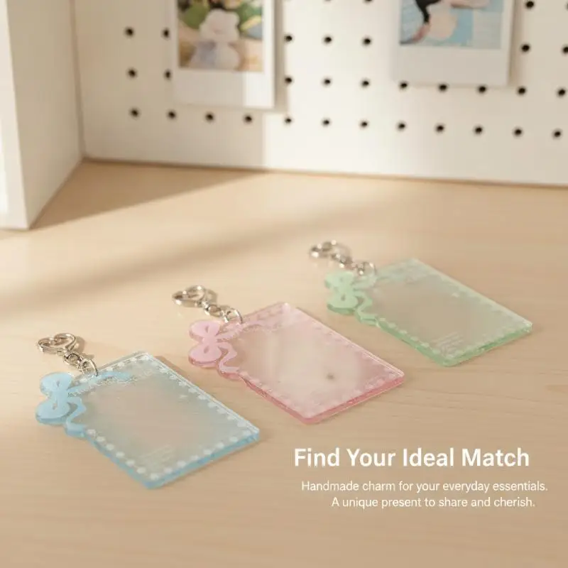 1Pcs Transparent Acrylic Glitter Photocard Holder Bow‑Heart Keychain For Kpop Merch Collection Accessories ****