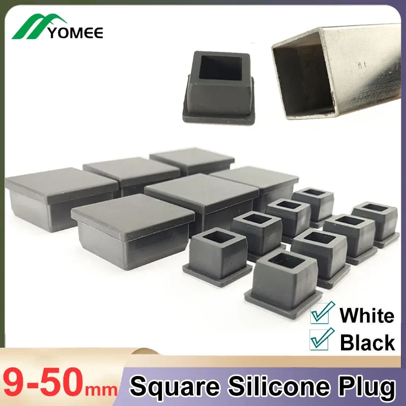 9.6mm-50.6mm Square Silicone Plug Seal Stopper Blanking End Caps T-Plugs Black/White Rubber Foot Pad For Pipe/Table