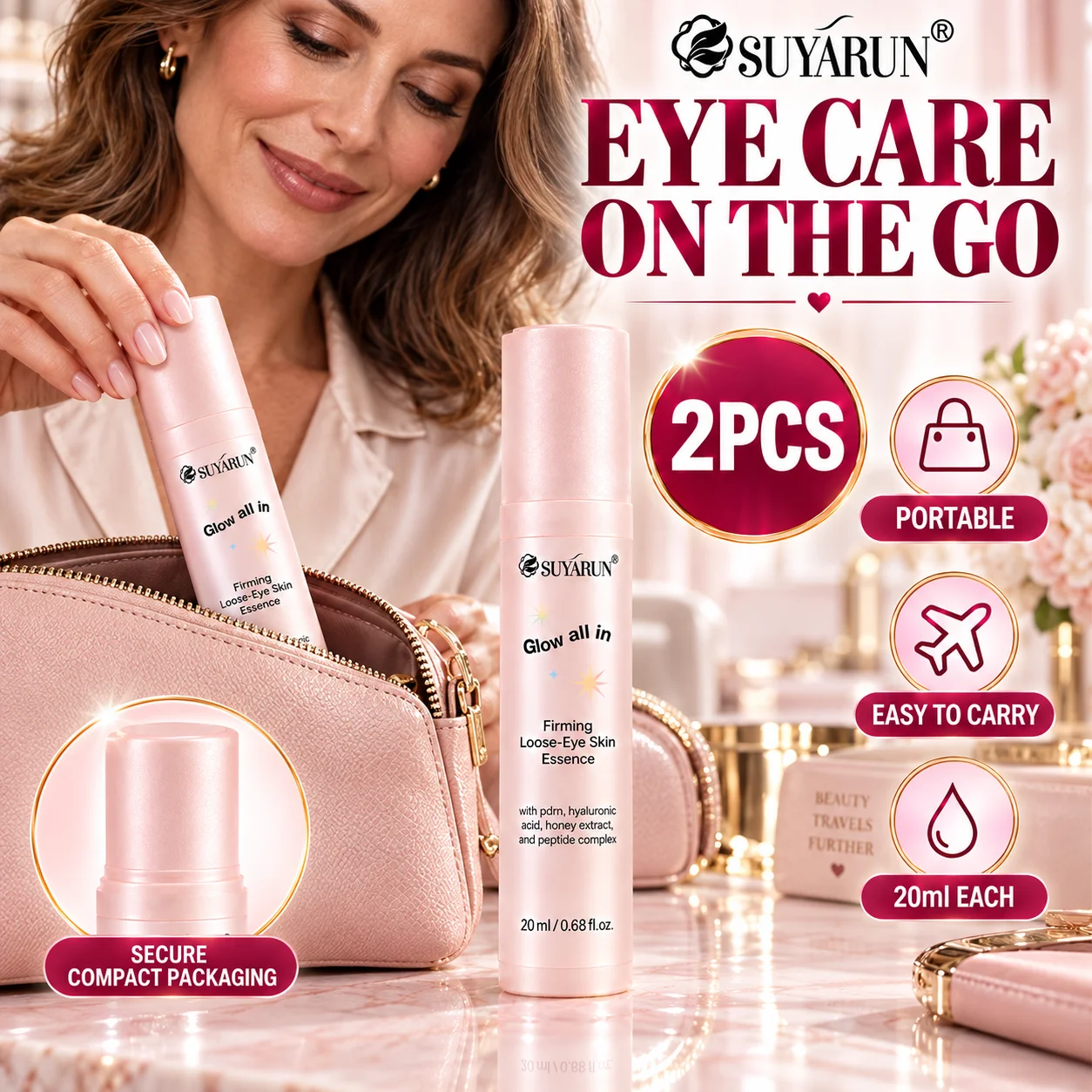 SUYARUN Eye Roller Serum moisturizes and locks in moisture for 24 hours, tightens loose eye bags, comes in two bottles.
