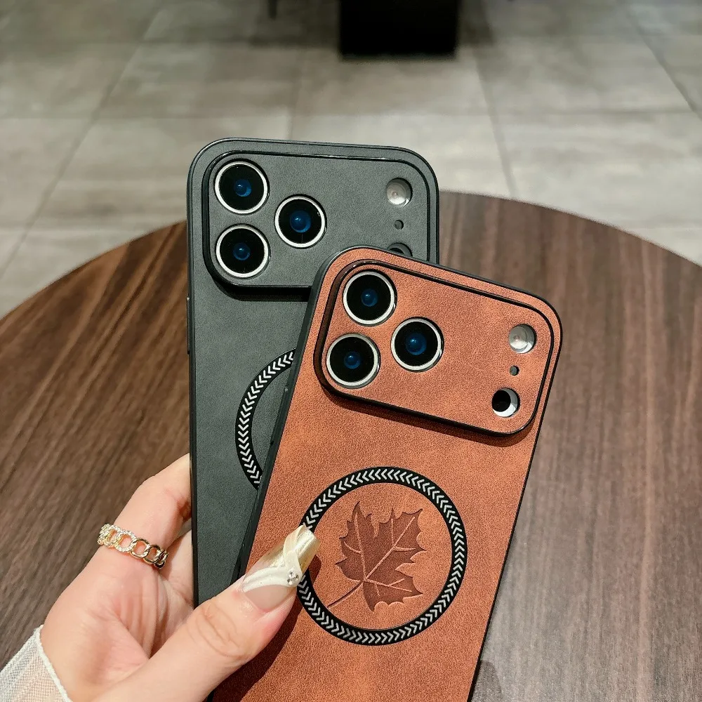 حافظة جلدية مغناطيسية لهاتف آيفون 17 برو ماكس 17 اير 17 برو غطاء ثلاثي الأبعاد منقوش على شكل ورقة القيقب مغناطيس ماج آمن كاميرا كاملة Fundas #5