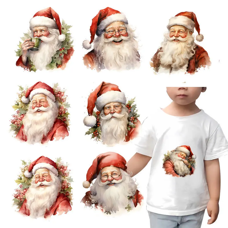 Cartoon Christmas Santa Claus Patches DIY Iron-on Transfers Stickers Heat Print By Household Irons DTF Accessory