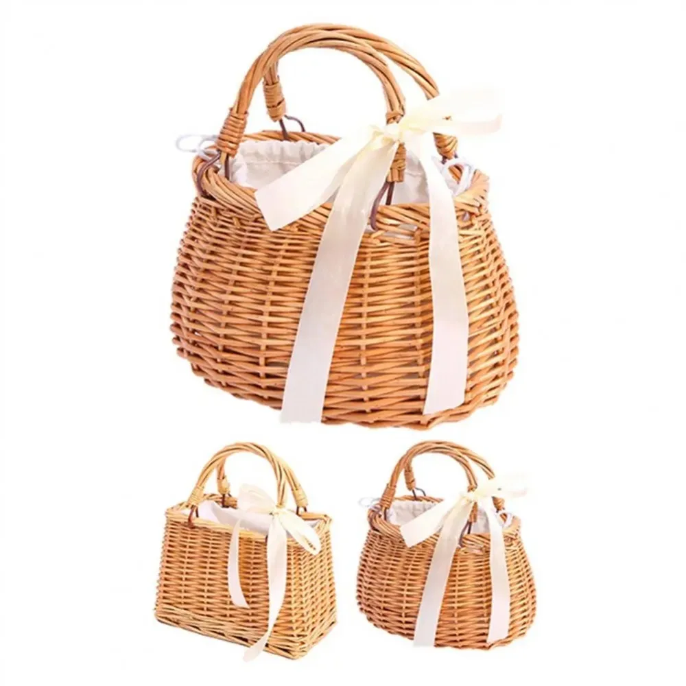 

Rustic Style Wicker Flower Basket Handmade Rattan Woven Picnic Basket Fabric Rattan Women Handbag
