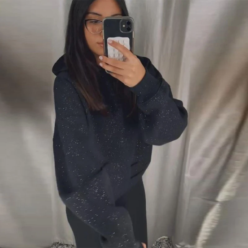 Black Glitter Bling Hooded Sweatshirt Women Casual Long Sleeve Basic Classic Style Pullovers  New Trendy Lady Sweatshirts Top