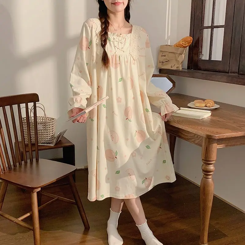 

Nightdress Women Spring Autumn Long Sleeve Cotton Mid-Length Nightdress Female Sweet Round Collar Loose Casual Sleepshirt 2024