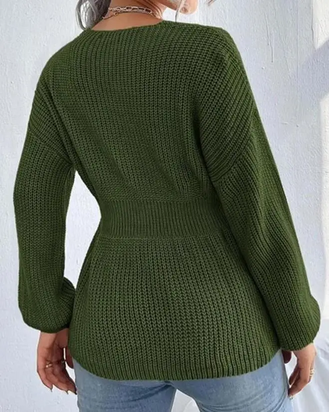 Women Sweater 2024 Spring Fashion Lantern Sleeve V-Cut Plain Long Sleeve Casual Daily Chunky Knit Pulloner Sweater