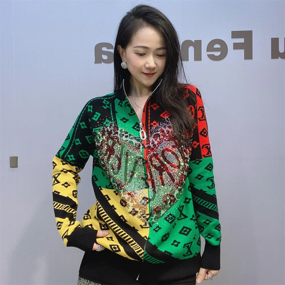 Vintage Printed Patchwork Women Jackets Fashion Love Diamonds Loose Zipper Stand Collar Full Sleeve Tops Female Coat Outerwear