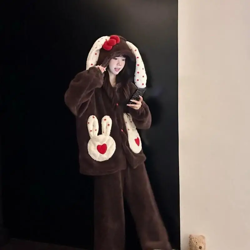 

Women's Pajamas Comfortable Sleepwear Winter New Cute Little Rabbit Plus Velvet Thick Large Home Clothes Solid Color