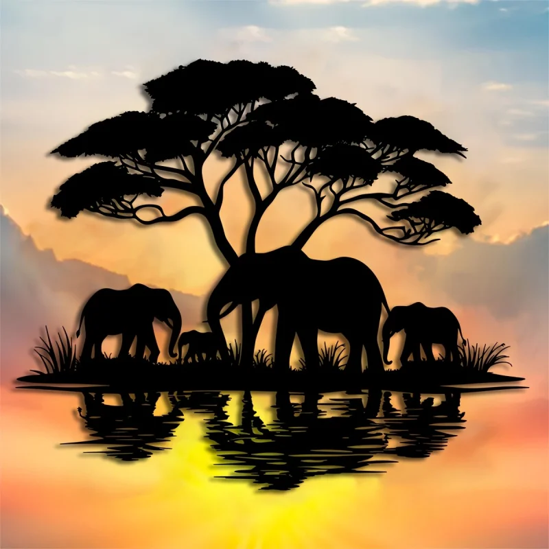 2DDecorative Art Metal Elephant Family Wall Art Hanging Ornament，Interior and exterior decoration