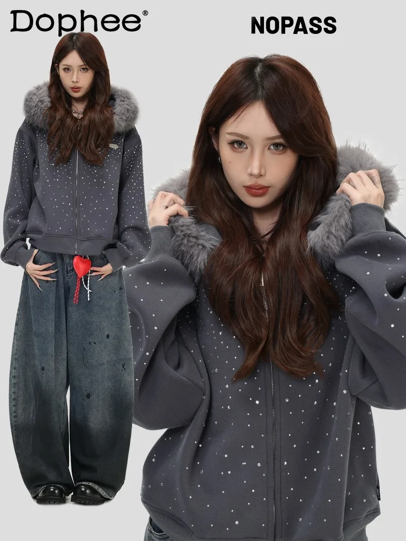 

Korean Heavy Industry Starry Sky Diamond-Studded Fur Collar Hooded Sweatshirt Loose Casual Fleece-Lined Zipper Jacket for Women