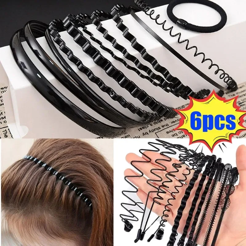 6pcs Fashion Men Black Metal Waved Shaped Sports Hairband Solid Color for Women Unisex Hair Band Adult Headwear for Boy Headband