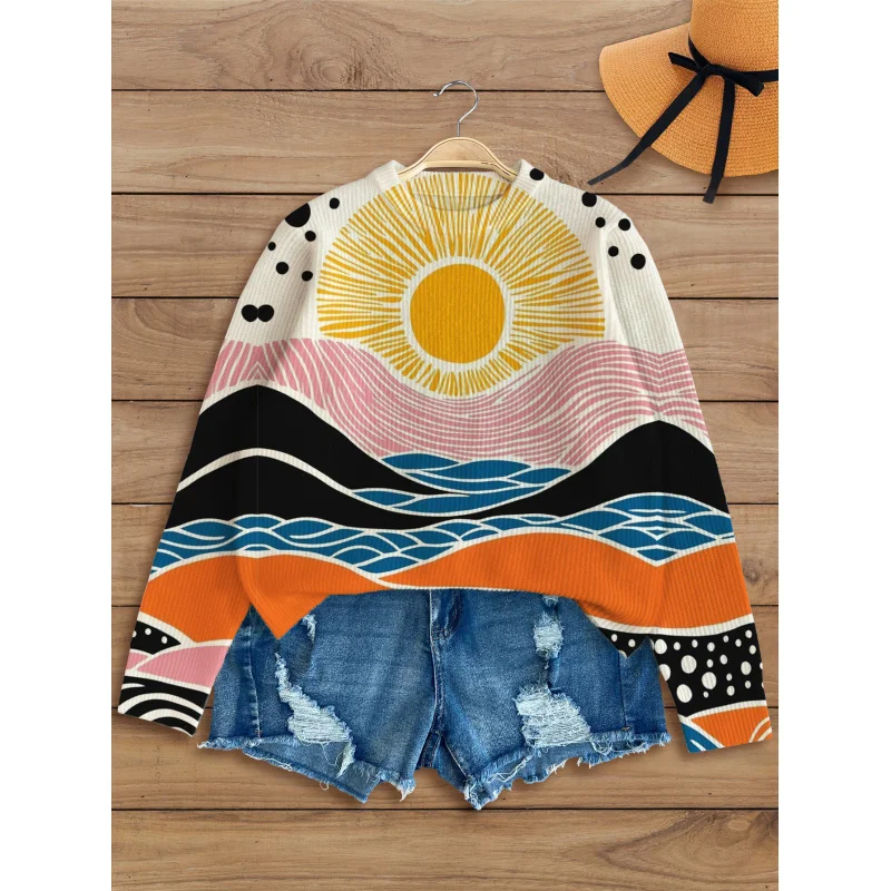 

Abstract Painting Sea Sun Digital Printing Ladies Sweater Knitted Pullover Warm Slim Round Neck Long Sleeve Autumn Winter Casual