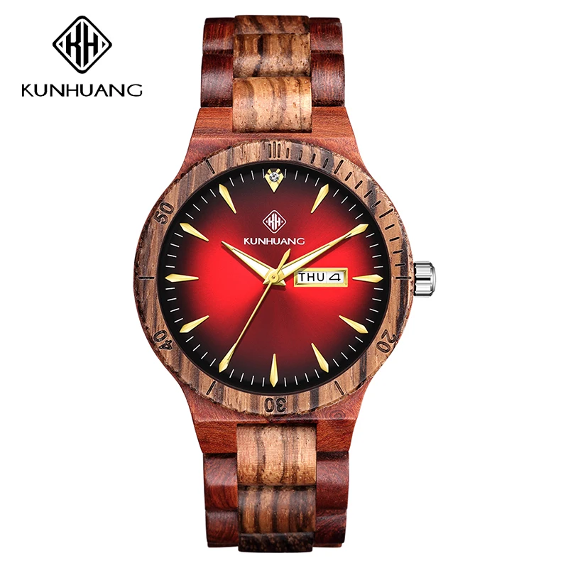 KUNHUANG Wooden Watch for Men Quartz Wristwatch Gradient Dial Day Date Dual Calendar Vintage Casual Male Clock Reloj Hombre