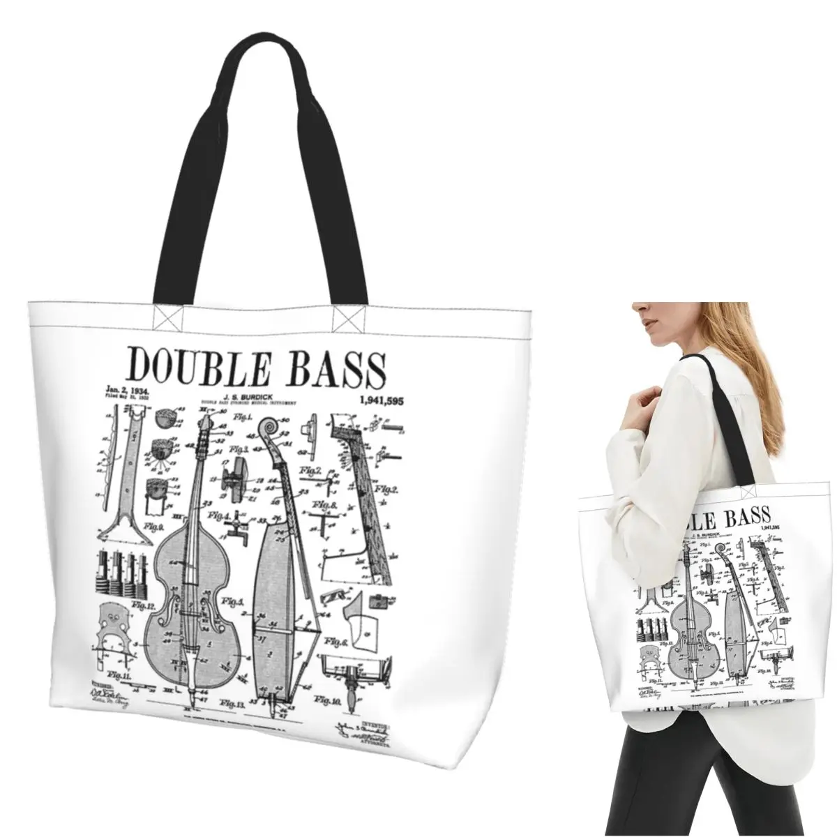 Double Bass Player Bassist Musical Instrument Vintage Patent Shopping Tote Bag Canvas Shoulder Bags Shopper Grocery Handbag