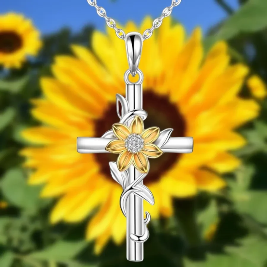 1pc Trendy Creative Sunflower Cross Pendant Necklace, Sunflower Necklace Jewelry,Birthday Party Anniversary Gift Best-selling