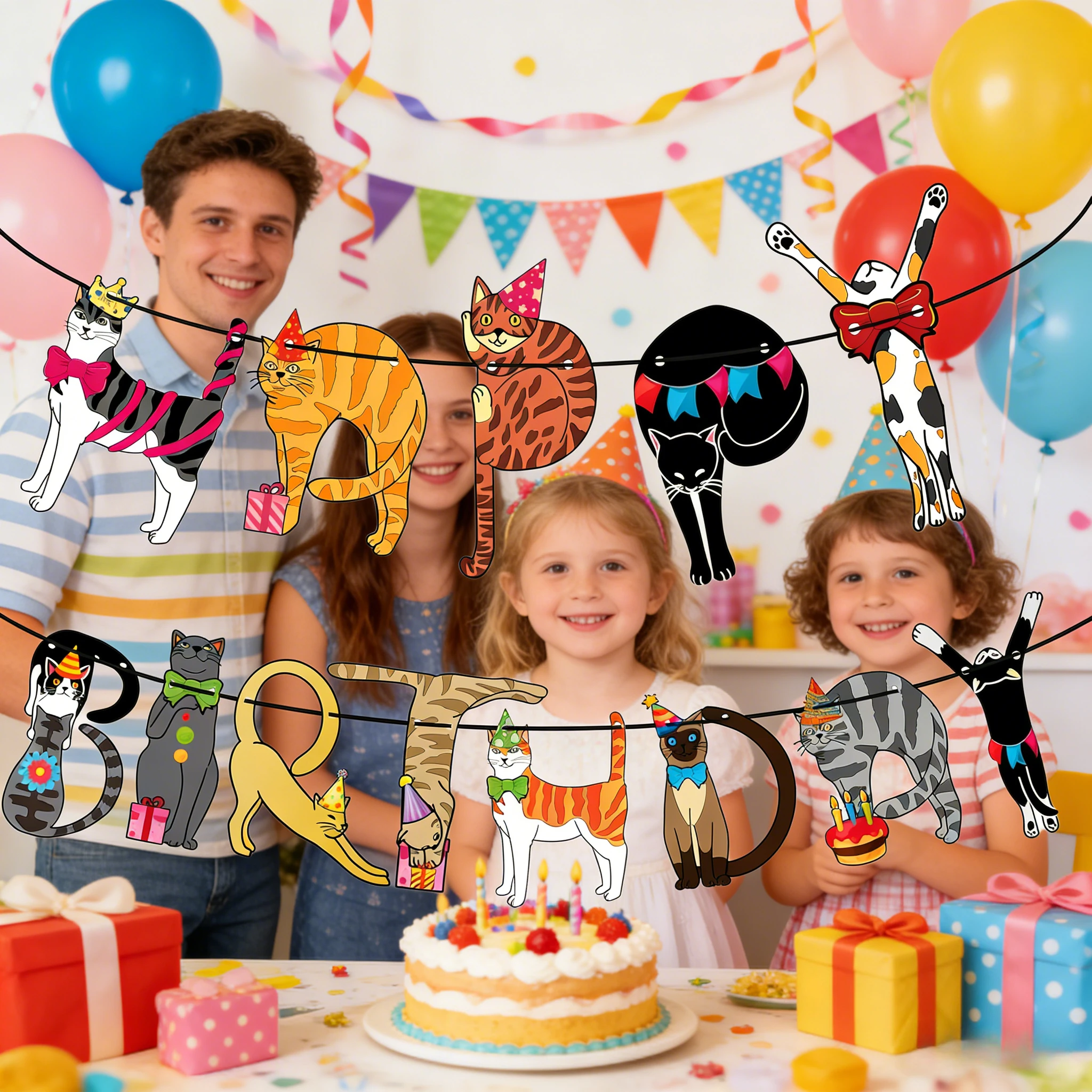 Geburtstagsparty-Banner, niedliche Katzendekorationen mit Happy Birthday-Aufdruck, einfach zu hängendes Banner für Mädchen und Jungen, Geburtstagsparty-Dekorationen. – Detail 3