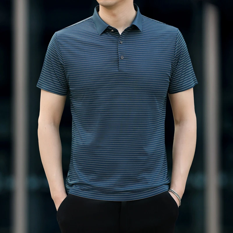 

Striped Business Casual Mens Polo Shirt Short Sleeve Gentleman Summer Quality Silky Soft Comfortable Easy Care Camisas De Hombre