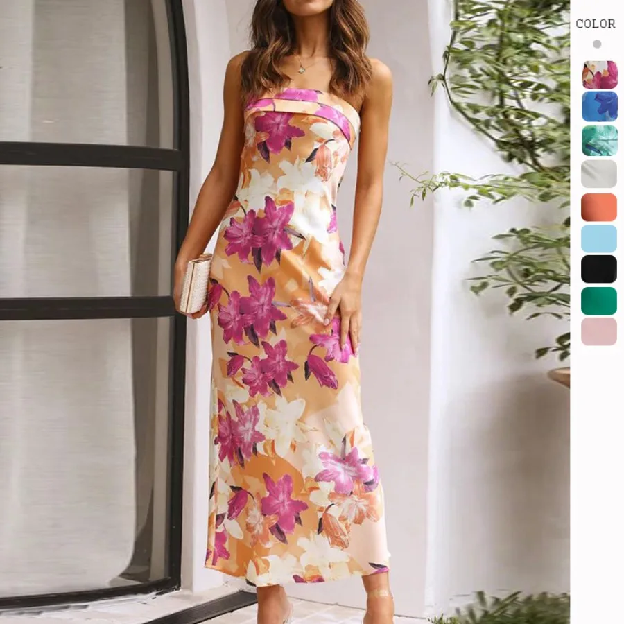 

【New style】 spring and summer new style temperament celebrity satin backless tube top dress with print