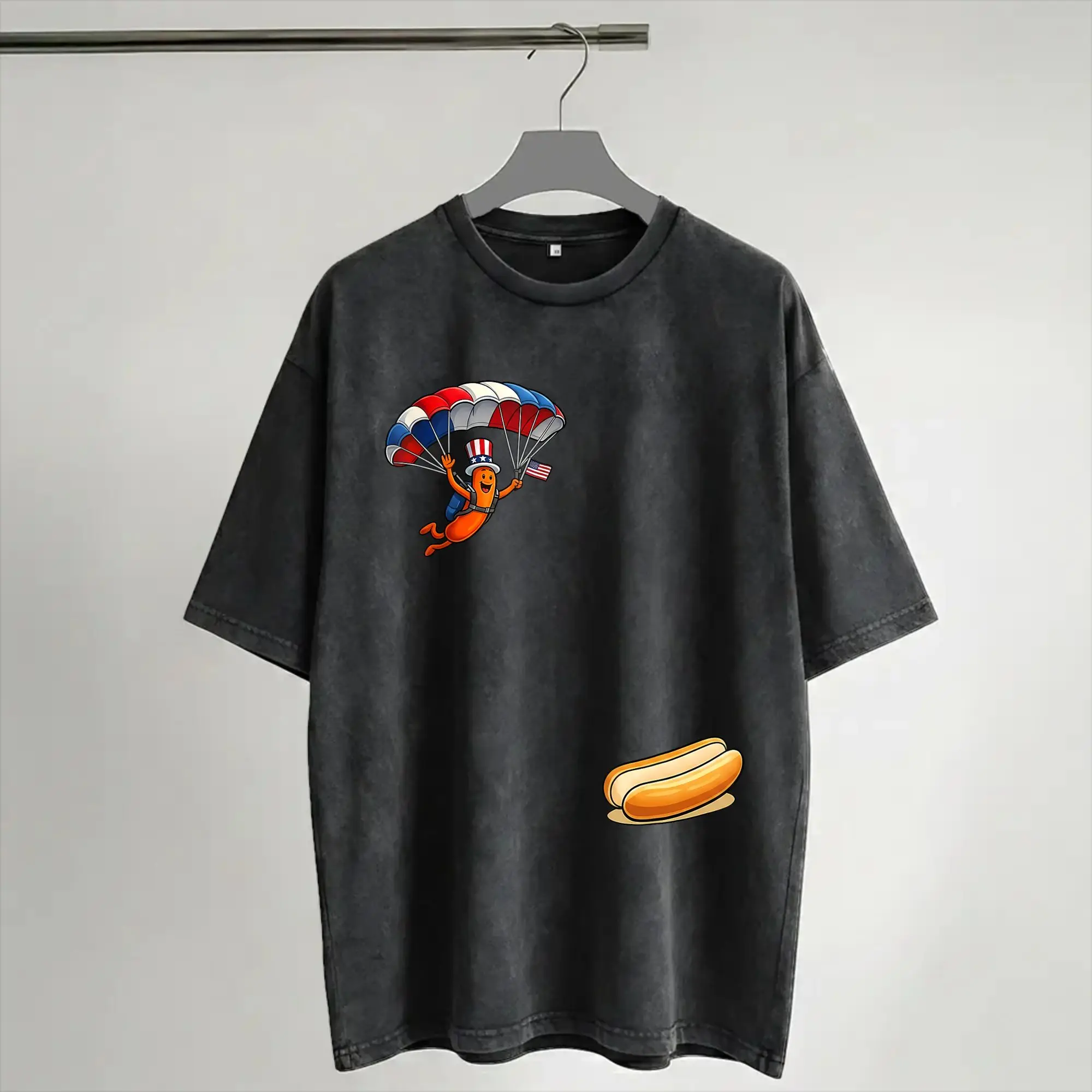Hotdog Freedom Dive Hot Dog Jumping Into Bun Sausage BBQ  T Shirts Hip Hop Washed Short Sleeve Oversize T-Shirt
