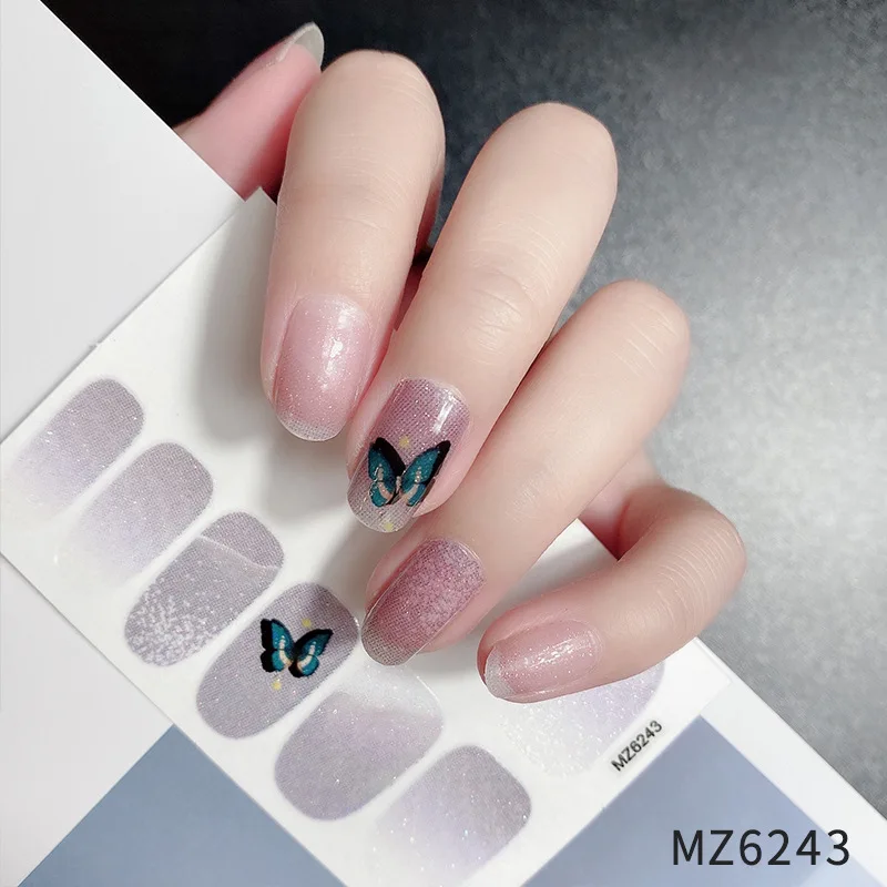 สติกเกอร์ติดเล็บแบบมีกาวในตัว 12 ชิ้น ลายดอกไม้ ผีเสื้อ ไล่สี สำหรับผู้หญิง สไตล์เรียบง่าย