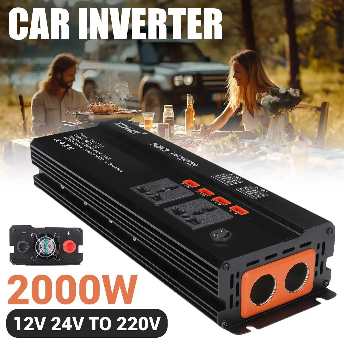 2000W Car Inverter 12V 24V To 220V Solar Home Power Converter With Digital Display