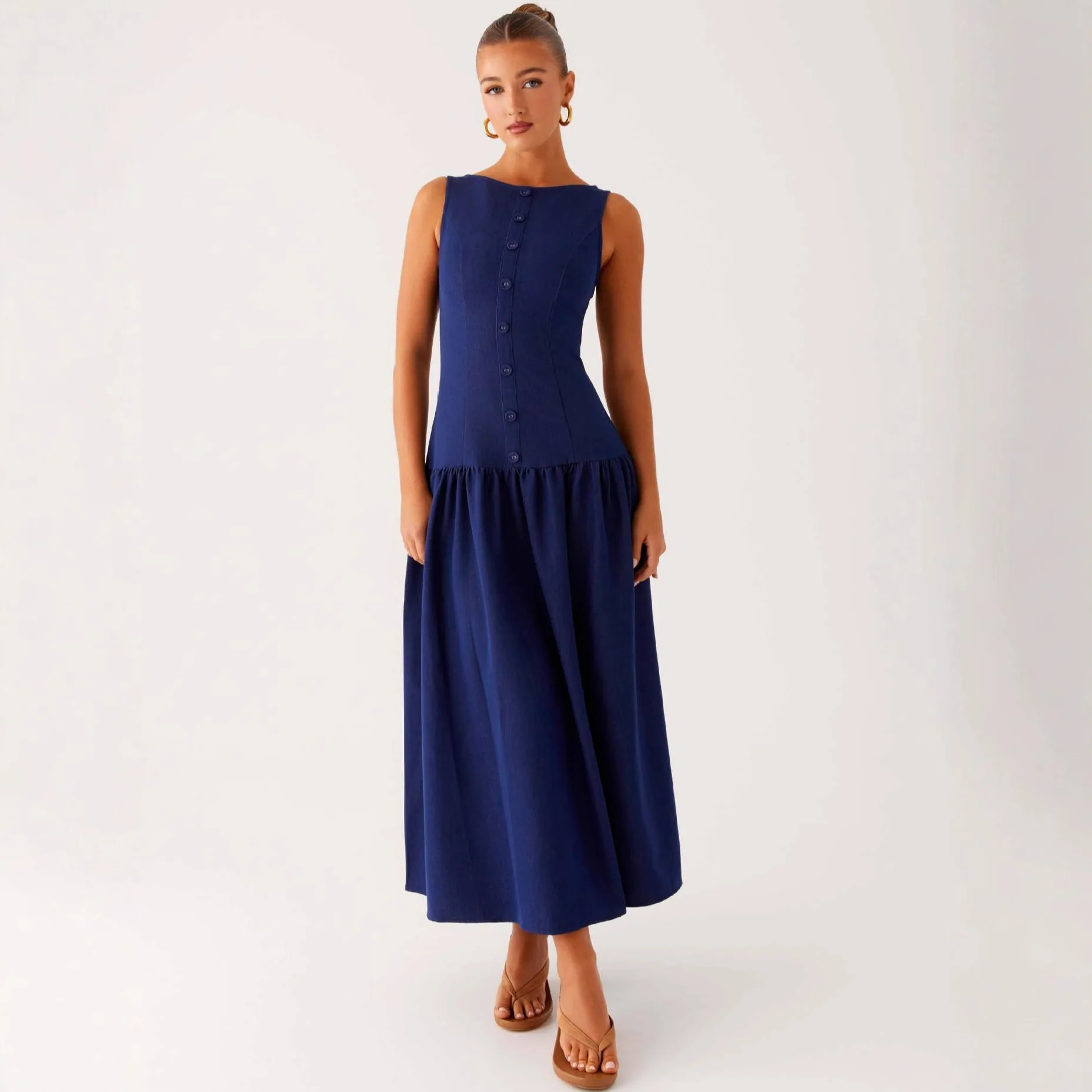 Euro-americano feminino novo primavera-verão chique cor sólida painéis fino-encaixe denim botão sem mangas maxi vestido