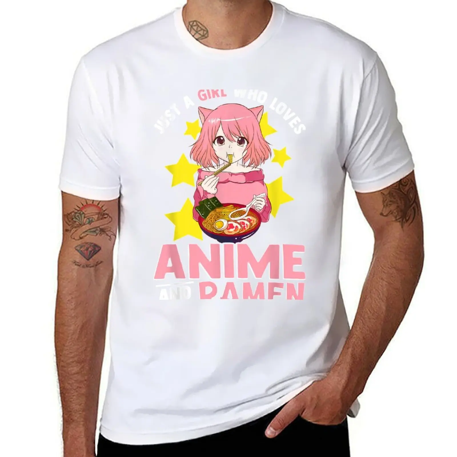 Camiseta de fideos japoneses Just A Girl Who Loves Anime y Ramen Bowl, camisetas de algodón 100% para hombre, camiseta divertida gráfica