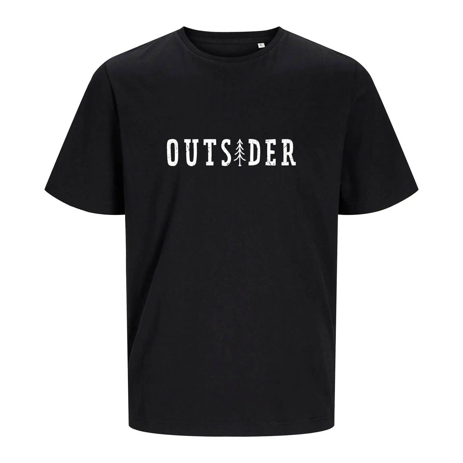 Outsider Schwarzes Bio-Baumwoll-T-Shirt mit Wald-Design für Abenteurer und Naturliebhaber, Vintage-Waschung, Lässiges Grafik-Design, Stilvoll