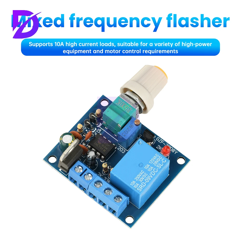 

10A Adjustable Frequency Relay Switch with Mixing & Flashing Control for Motors, Lights 1-8Hz, Duty Cycle