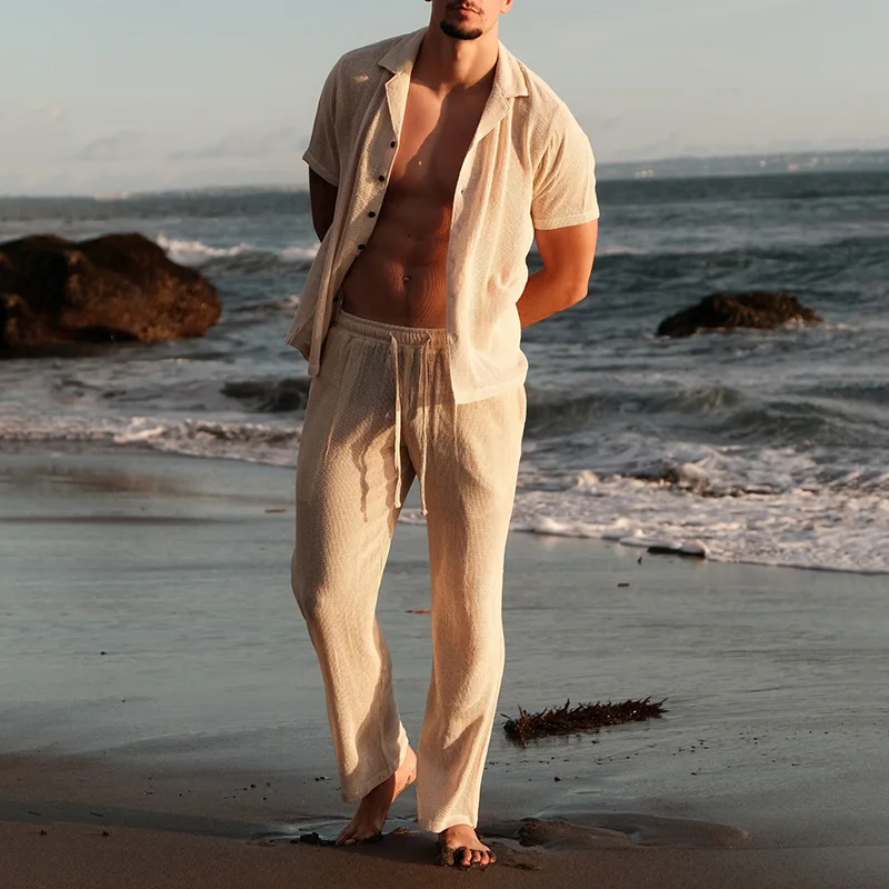 Men's Summer Casual Suit Beach Lapel Shirt Short-sleeved Trousers
