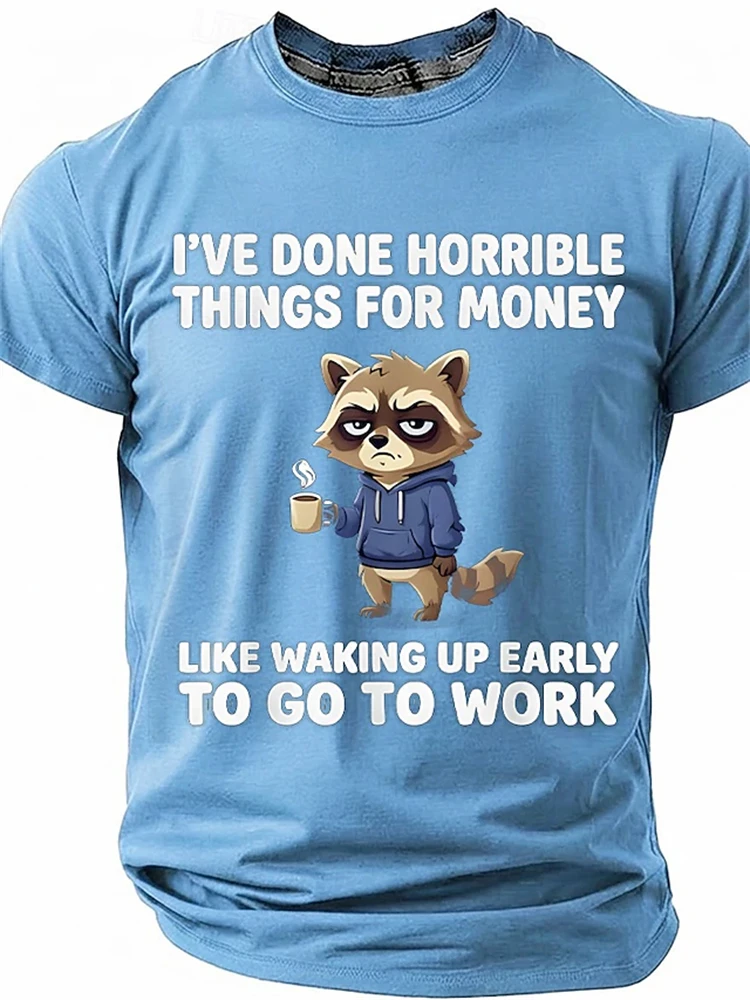 Men's Short-Sleeve T-Shirt With Fun Raccoon Print And Hilarious Slogans For Office Workers—Casual Men's Streetwear T-Shirt