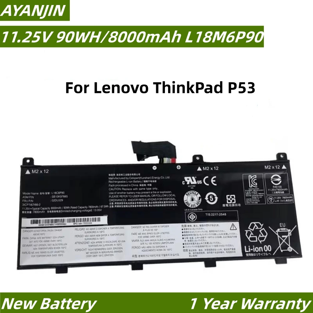 L18M6P90 11.25V 90Wh/8000mAh Laptop Battery For Lenovo ThinkPad P53 Series L18C6P90 02DL028 5B10W13901 SB10K97664