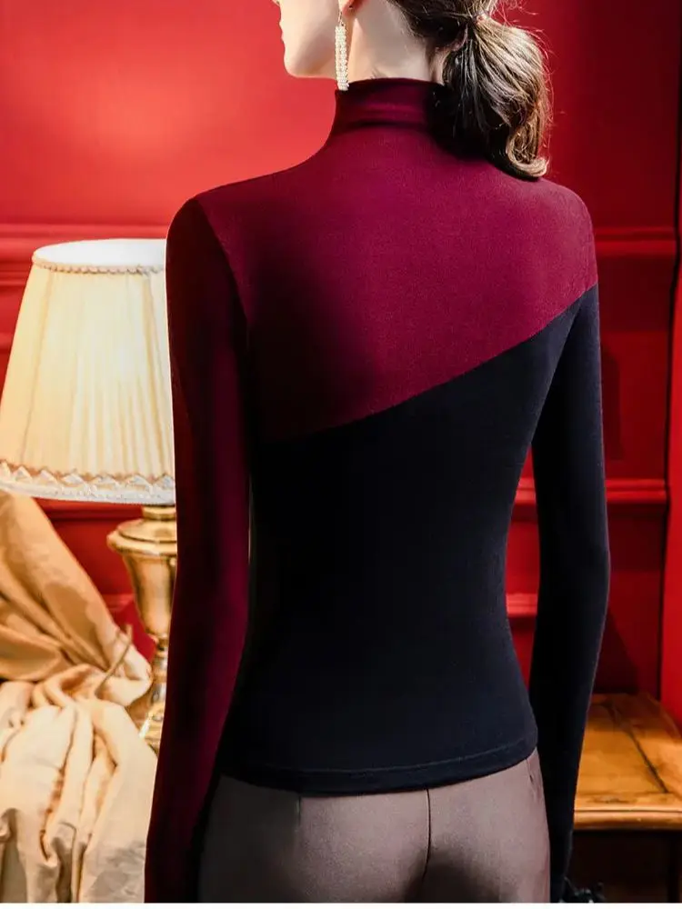 High Neck Color Block Thermal T-Shirt Women - Thick Long Sleeve Blouse for Autumn Winter, Stylish Layering Top & Wardrobe Basic