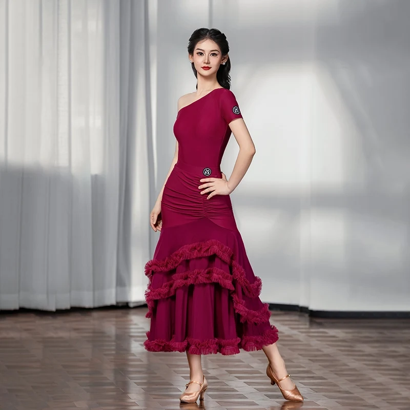 

Modern Dance Clothes Women National Standard Dance Sloping shoulder Top Lace Big Swing Skirt Suit Ballroom Dress Wear DN20775
