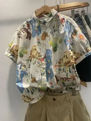 Harajuku estilo gola polo dos desenhos animados impresso de manga curta camisa floral feminina verão vintage meia manga topo roupas masculinas y2k