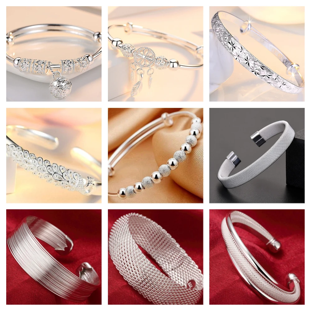 

Wholesale Fine 925 Sterling Silver Bangles Bracelet Charms Heart Open for Women Lady Jewelry Adjustment Cuff Wedding Gift