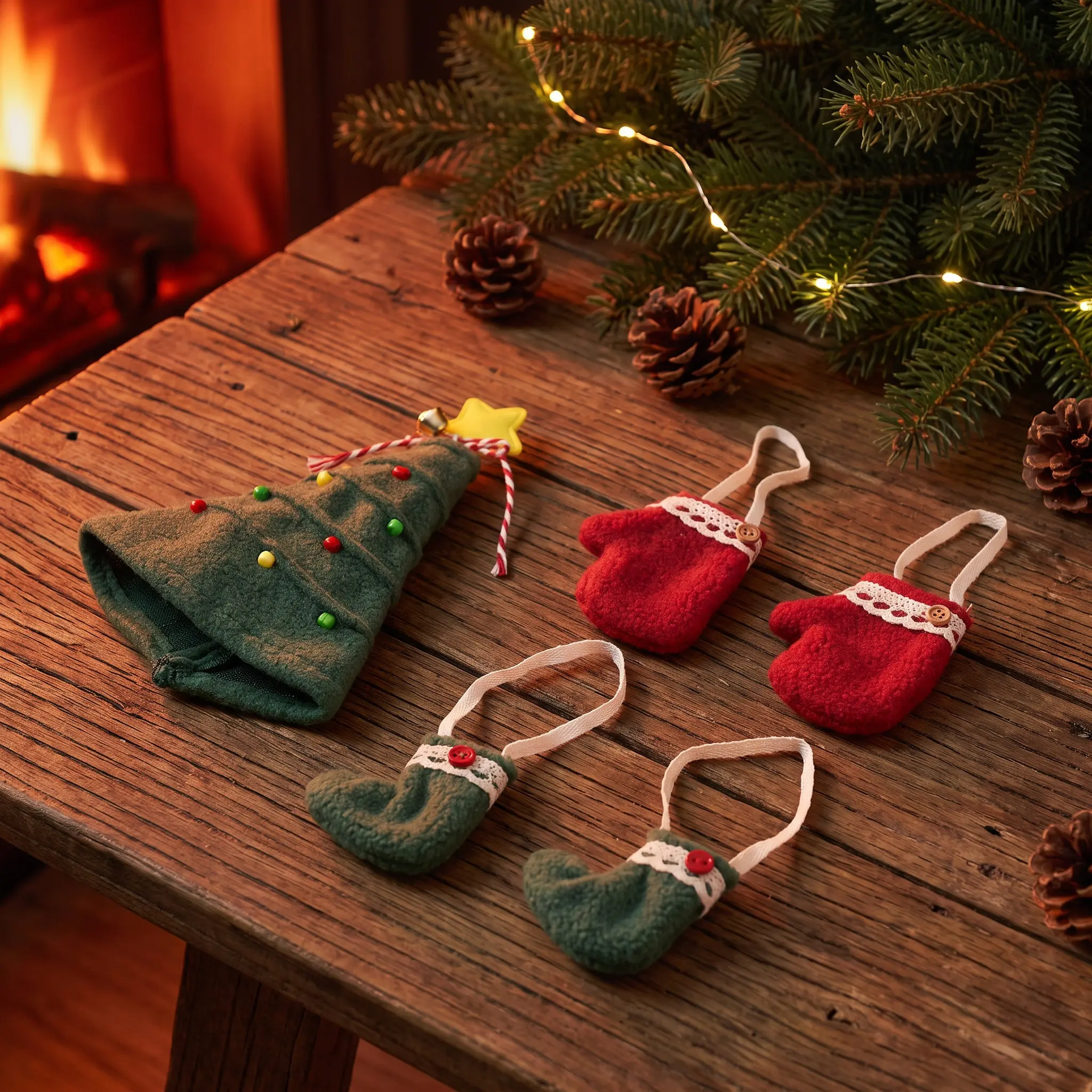 Christmas Mini Outfit Set 17cm Holiday Dress-Up Accessories for Tree Decoration, Hat & Crossbody Bag
