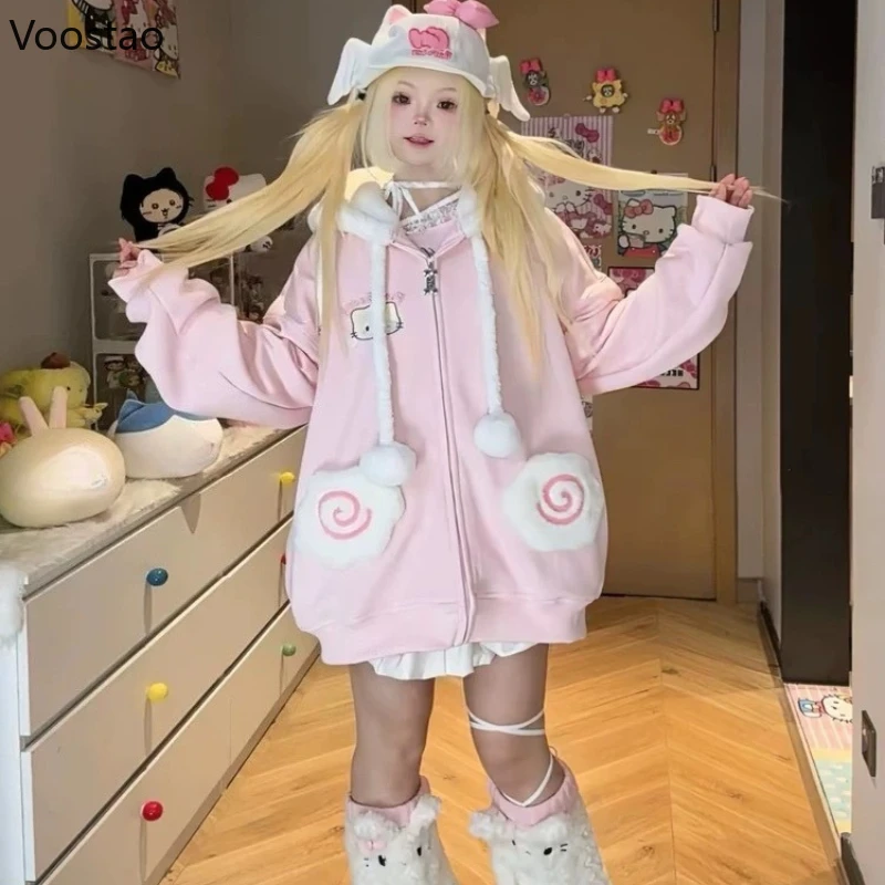 اليابانية Kawaii الكرتون التطريز لوليتا هوديس المرأة لطيف جيب فضفاض قمصان سويت شيرت بقلنسوة Y2k الجمالية عادية الجرونج هودي