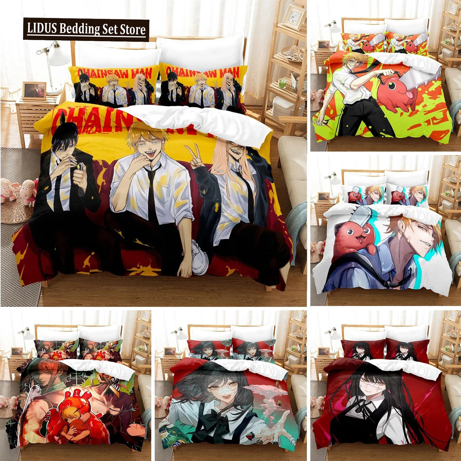 

Chainsaw Man Bedding Set Anime Cartoon Twin Bedding Set Double 3 Piece Bed Duvet Cover Double King Cover Home Textile